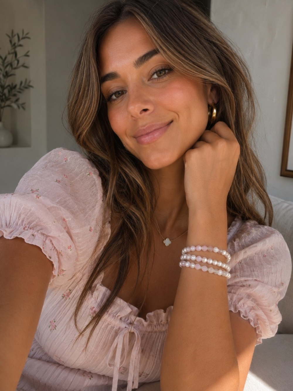 {Handmade} Faux Pearl and Pink Beaded Bracelet Set